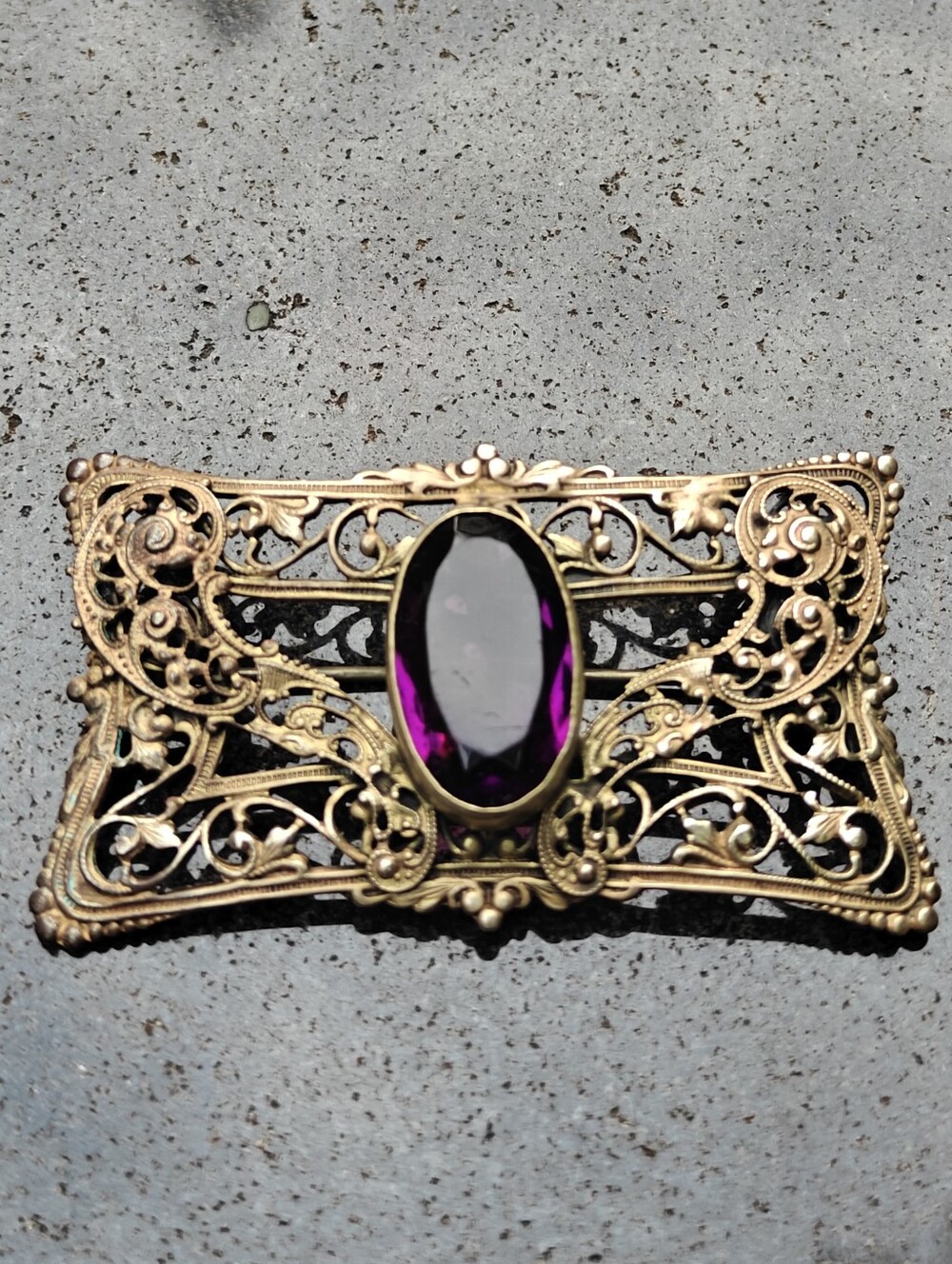 Antique Art Nouveau Czech Brass Filigree And Amethyst Glass Stone Brooch